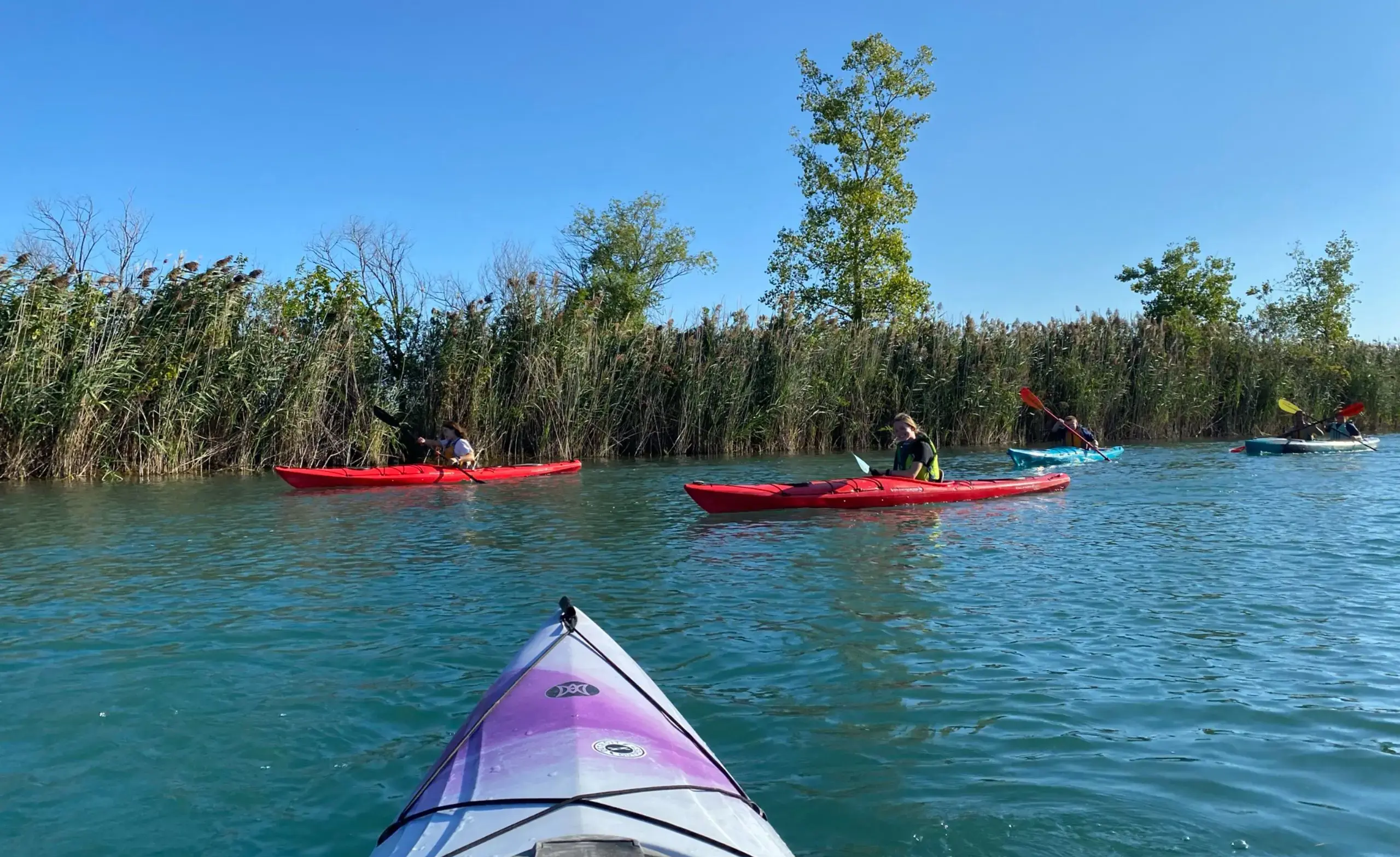 Upper school students on 9th grade team-building trip on kayaks.