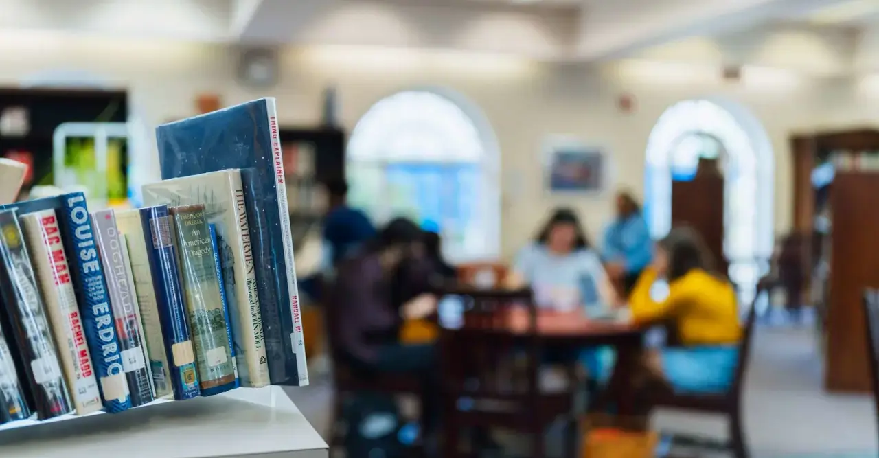 Closeup photograph of books in the ULS library.
