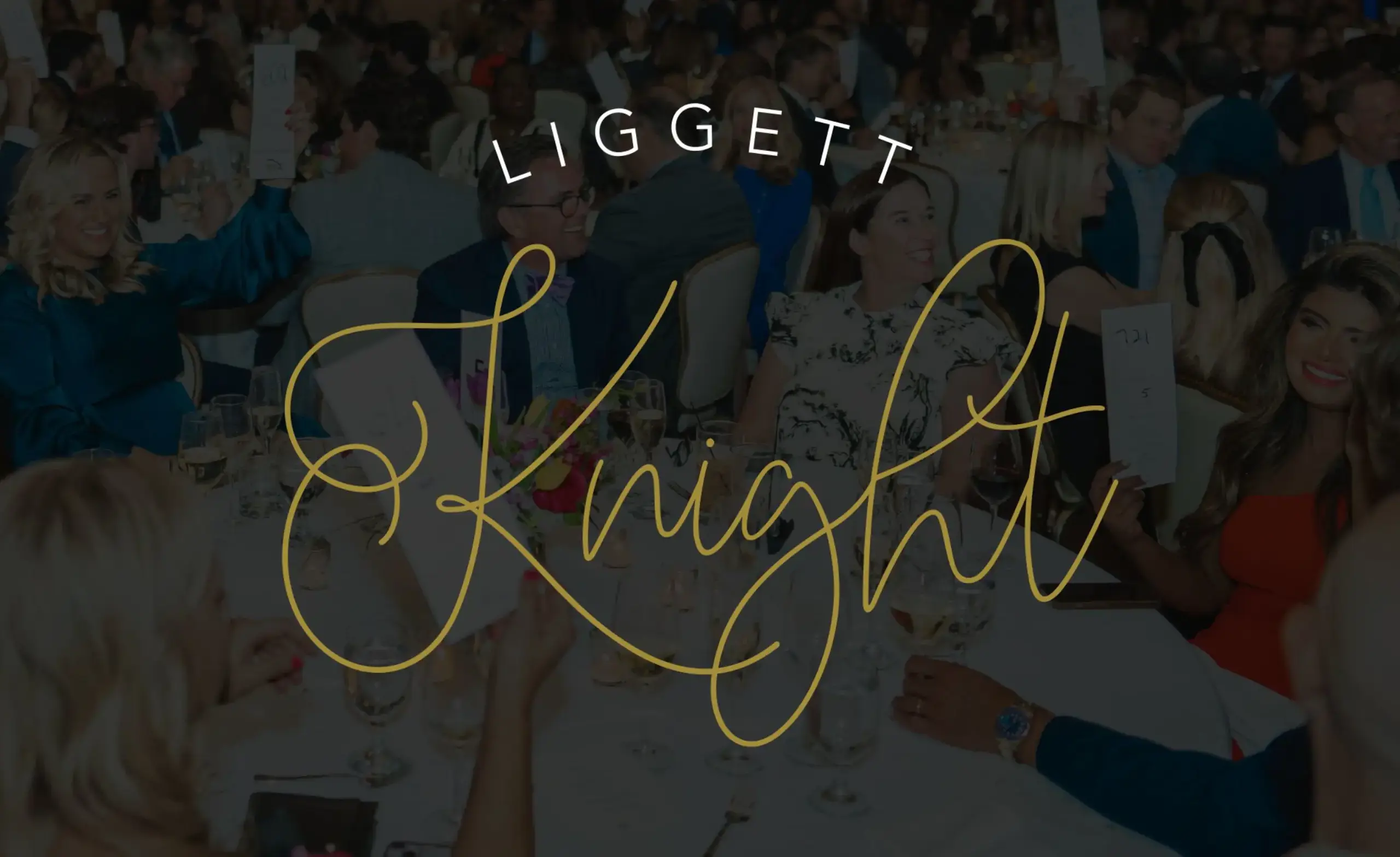 Liggett Knight logo with auction attendees in the background