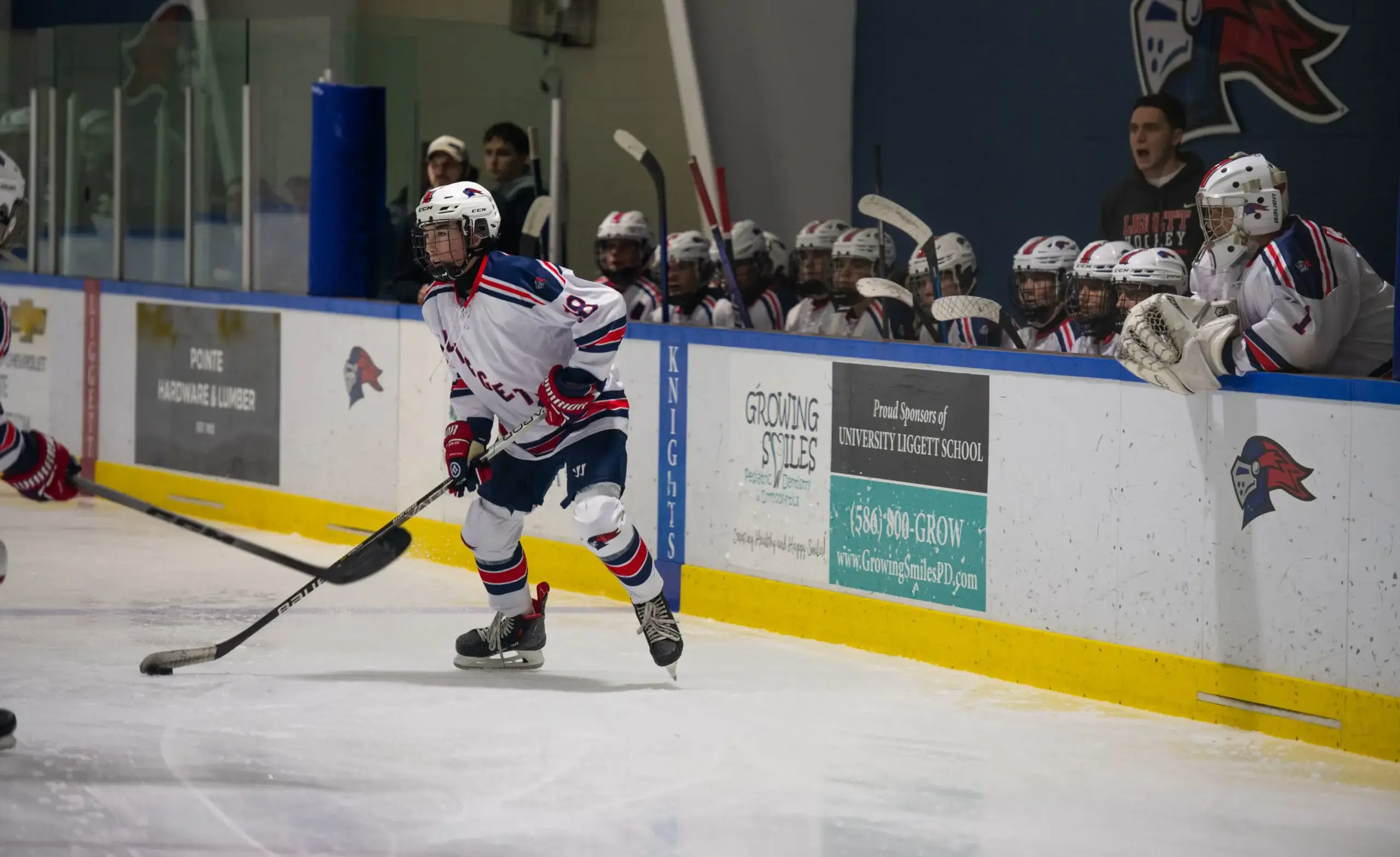 Hockey player has the puck on the ice near the boards